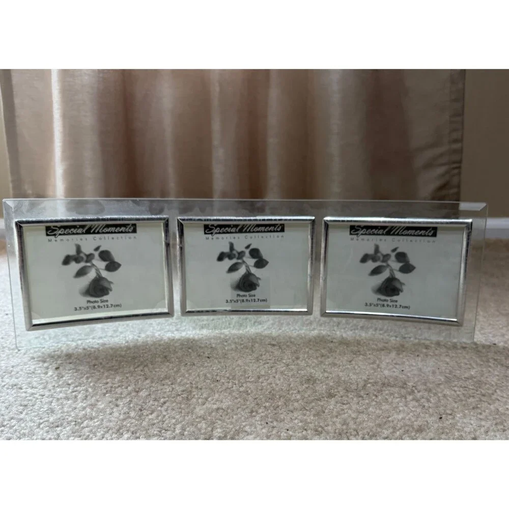 Curved Glass Triple Picture Photo Frame 3.5 x5 Beveled Modern Desk Mantel Decor